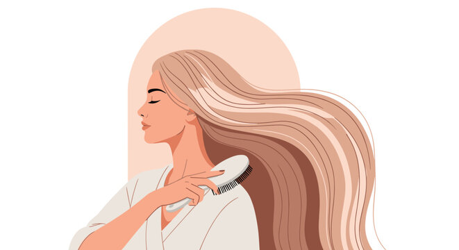Side profile of a beautiful woman with very long flowing hair using a brush to groom her tresses against a soft pastel background.