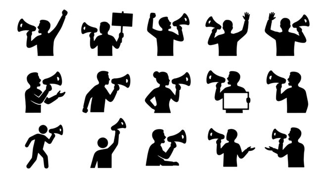 Protest and activism silhouette icons, 15 black vector people with megaphones, shouting demonstrators and activists with bullhorns and signs