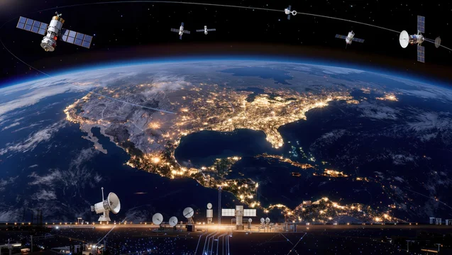 Futuristic orbital network of data centers satellites beaming data over North American night sky