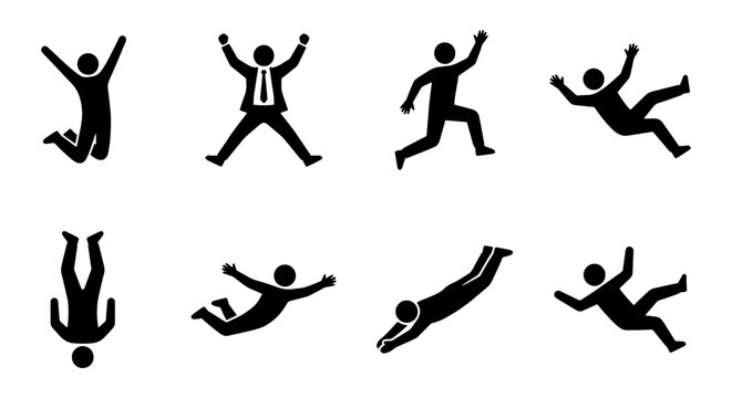 Falling person silhouette icons, set of 8 black stick figure vectors, jumping and diving man symbols, business failure and accident concepts
