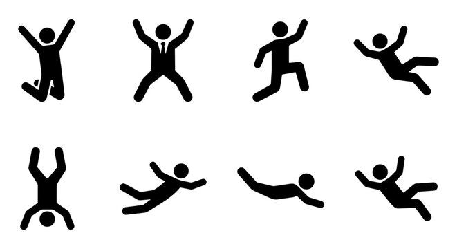 Falling person stick figure icon set, jumping and flying businessman silhouettes, 8 black vector pictograms of people in motion and freefall