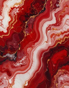 Abstract fluid art with swirling red and white layers, accented by gold veins, resembling agate or marble
