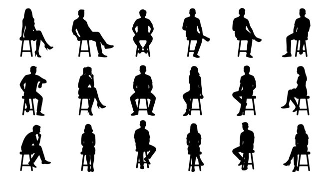 Sitting people silhouettes set, 18 black vector figures on bar stools, diverse men and women in various seated poses for architectural visualization