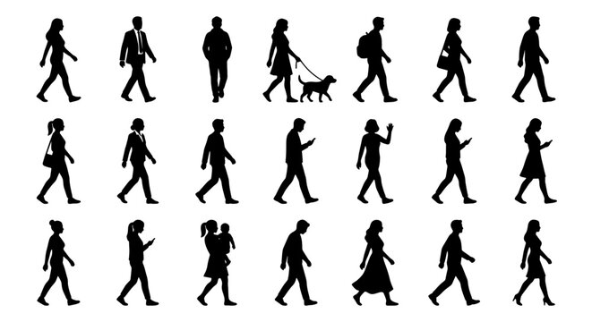 Walking people silhouettes set, diverse pedestrian collection with men and women, black human figures in motion, 21 vector elements for urban scenes