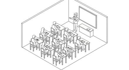 Fototapeta premium Classroom scene with teacher and students engaged in learning.
