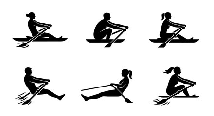 Rowing athlete silhouette icons, rowing machine and sculling boat vector set, professional rowers in training poses, black minimalist sports graphics © PixelArtBox