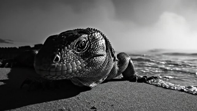 Low-Angle Black and White Close-Up of a Lizard Resting on a Beach with Waves and Cloudy Sky in the Background