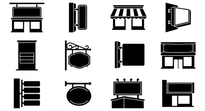 Black storefront signage icons set, 12 shop front billboard vector elements, blank outdoor advertising sign silhouettes for retail business branding