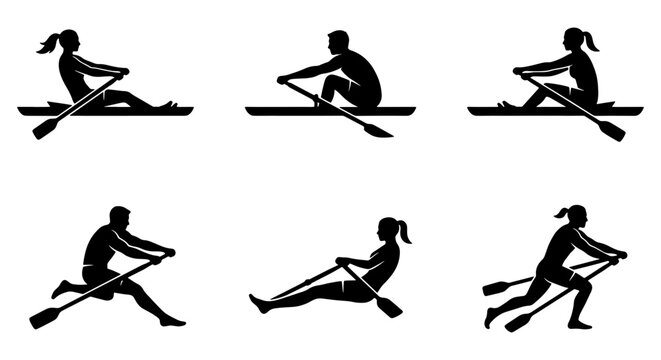 Rowing silhouettes collection, 6 professional sculling and indoor rowing machine icons, black athlete figures in motion, competitive water sports vector set