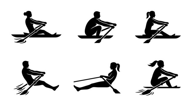 Rowing athlete silhouette icons, rowing machine and sculling boat vector set, professional rowers in training poses, black minimalist sports graphics