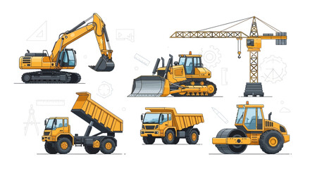 Construction Vehicles Set: Excavator, Bulldozer, Crane, Dump Truck, Roller © Citra