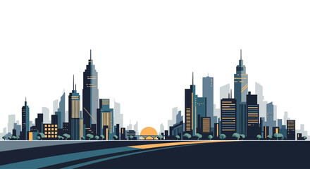 Fototapeta premium Modern Cityscape Skyline with Tall Buildings and Road, Flat Vector Illustration