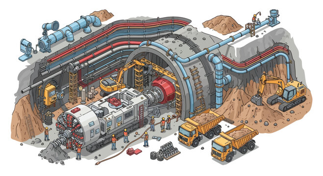 Tunnel Boring Machine (TBM) Excavating Underground Tunnel Construction Site