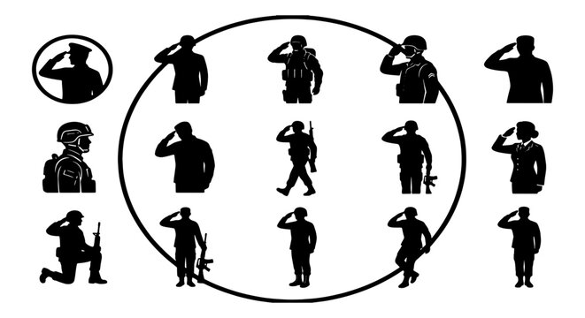 Military soldier silhouette set, 13 army personnel icons in black vector format, saluting troops and armed infantry figures for patriotic design