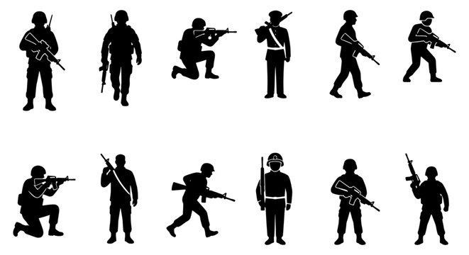 Military soldier silhouettes set, 12 army infantry vector icons, armed special forces figures in combat poses, tactical war personnel graphics