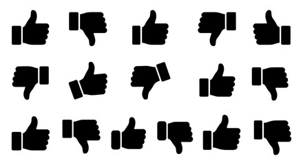 Thumbs up and thumbs down icon set, black silhouette hand gestures for feedback and rating, 15 vector elements for social media and customer reviews © PixelArtBox