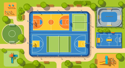 Aerial View of Sports Complex: Basketball Courts, Tennis Courts, Soccer Field, Skate Park, Playground © Citra