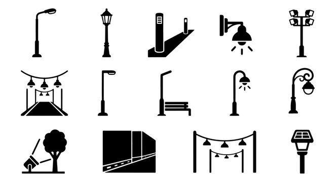 Street lamp icon set, outdoor lighting vector collection, urban street light silhouettes, modern and vintage park lamp post symbols for city planning