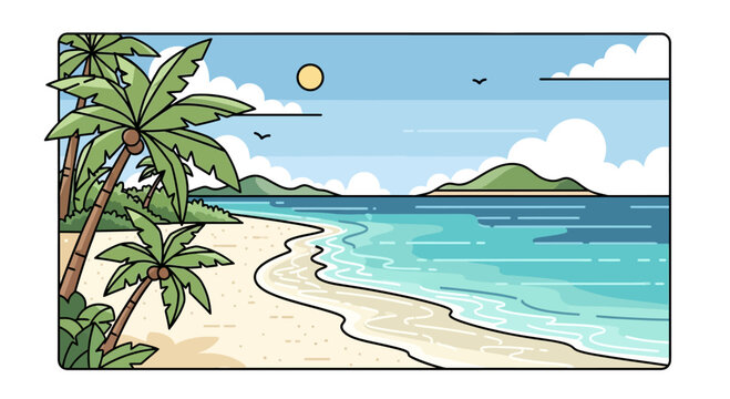 Pixel Art Tropical Beach Landscape with Palm Trees, Ocean, and Islands