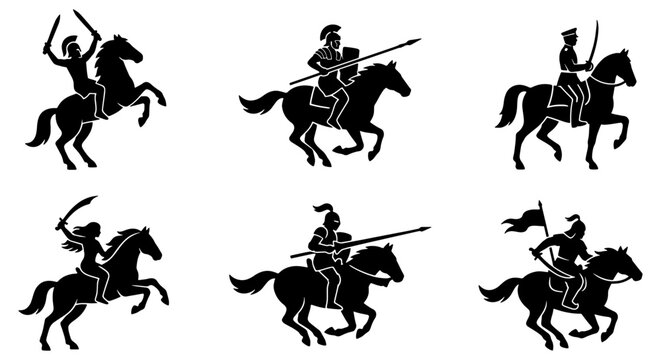 Ancient warrior silhouettes on horseback, set of 6 cavalry soldier vector icons, historical military riders with swords and spears, black knight and gladiator figures