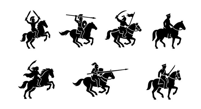 Ancient warrior cavalry silhouettes, historical knight and soldier horsemen set, 7 black vector icons of medieval and antique mounted troops