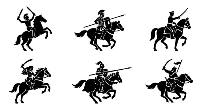 Ancient warrior cavalry silhouettes, medieval knight and roman soldier on horseback, set of 6 historical military rider vector icons
