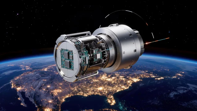 High tech orbital data center satellite revealing internal processors while floating over Earth
