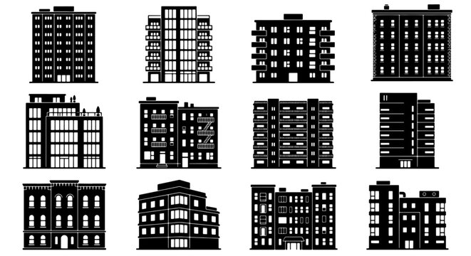 Modern apartment building silhouettes, set of 12 residential city house icons, black urban architecture vector elements for real estate and construction