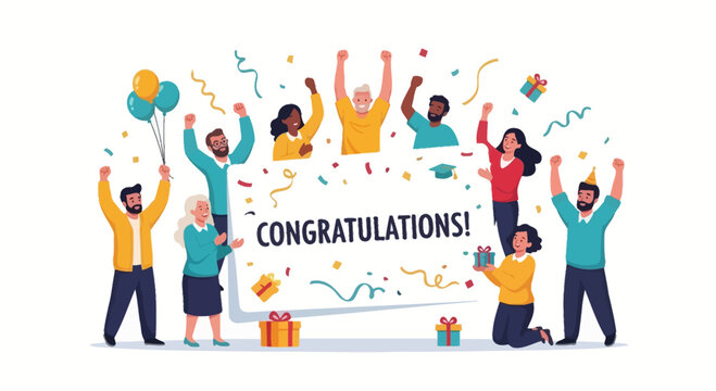 Diverse Group Celebrating Success with "Congratulations!" Banner and Confetti