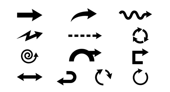 Diverse Arrow Icon Set, Directional Symbols Collection, Navigation Elements, Pointer Graphics, 12 Black Vector Arrows for UI Design and Web Applications