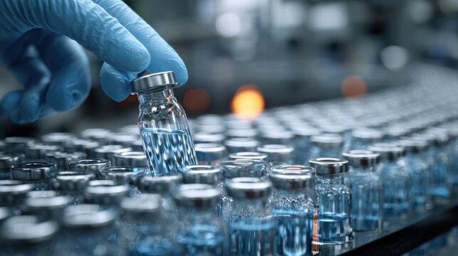 Medical researcher wearing blue gloves holding a vial of cancer treatment drug in a laboratory setting