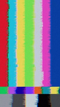 Vivid vertical color bars exhibiting digital glitching and analog static interference, evoking retro screen errors and data corruption