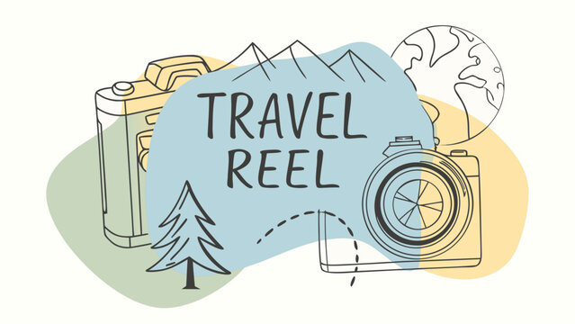 Camera and mountains line art create a creative travel themed background illustration.