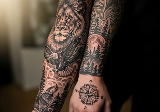 Intricate arm tattoos feature lion, eagle, wolf, trees, moon, and compass