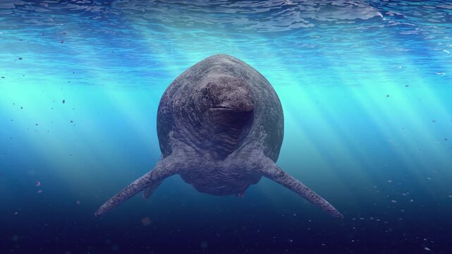 Realistic 3D computer animation of a lone Shastasaurus, the largest known marine reptile from the Triassic period, majestically swimming left through its ancient environment.
