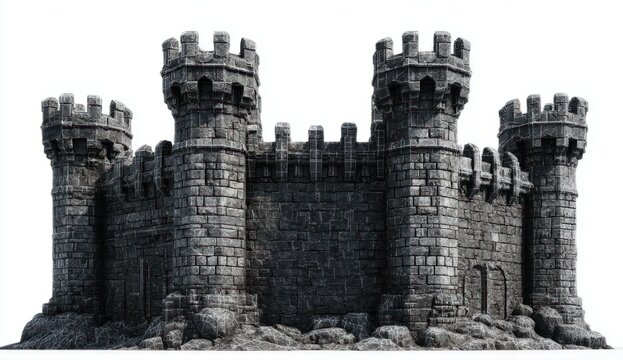 A medieval castle wall with turrets and battlements in a front view