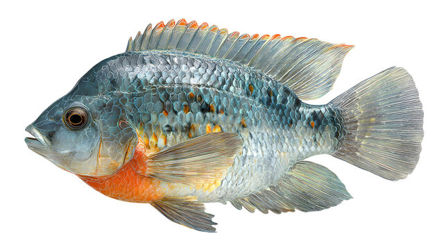 Ultra realistic HD tilapia fish silver fins scales detailed, isolated on white background