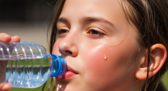 Extreme macro shot of a young girl drinking water from a plastic bottle. Child with a drop of sweat on her flushed cheek during summer heatwave