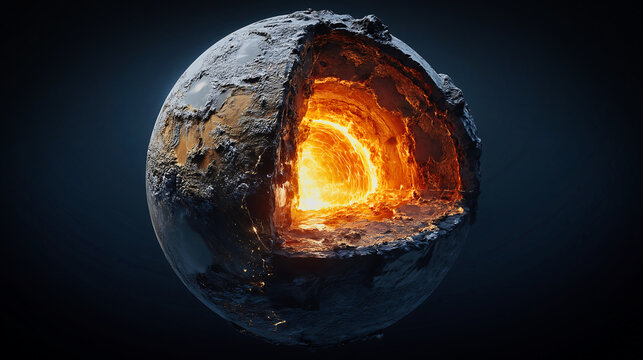 Glowing planet core cross section with molten interior, rocky crust, and dramatic dark background for geology and planetary science concepts.