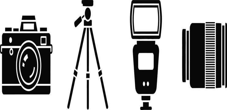 Photography equipment icons camera tripod flash and accessories
