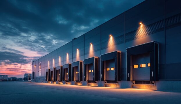 Modern warehouse with multiple dock doors illuminated at dusk, showcasing a sleek industrial design with exterior lighting and large loading bays