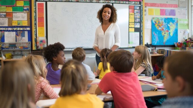Diverse elementary school classroom with teacher instructing young students at desks