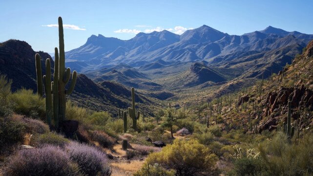 Vast desert landscape with saguaro cacti and rolling mountains under a clear blue sky