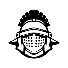 Logo casco de gladiador romano. Icono con dibujo minimalista con líneas de un casco integral de gladiador romano, visto de frente  © teracreonte