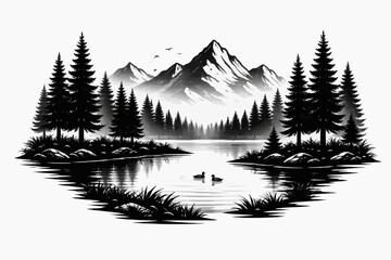 Obraz premium Mountain Lake Landscape Forest Lake Silhouette Nature Lake Scene