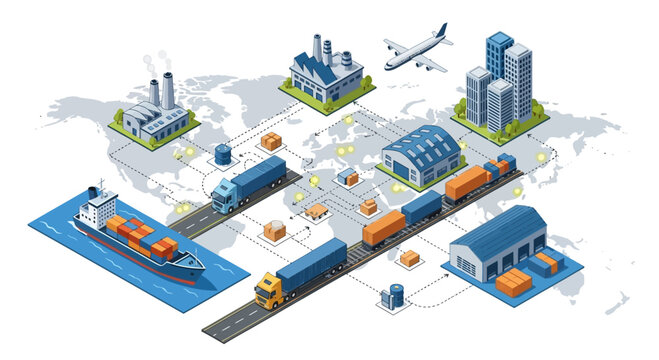 Global Logistics Network: Ships, Trucks, Planes, Warehouses, Factories, City Buildings, World Map
