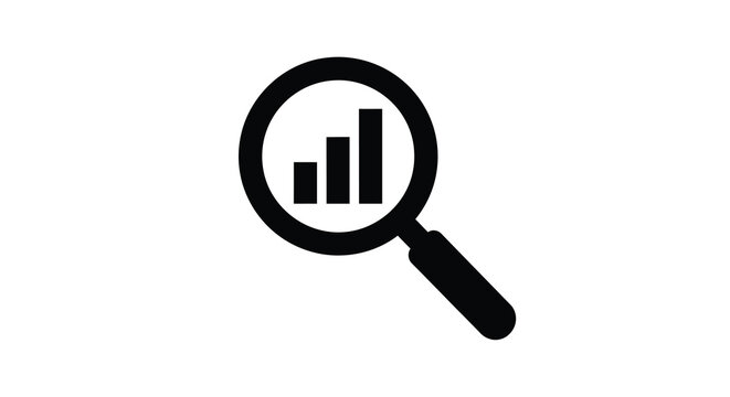 A magnifying glass focuses on a bar graph representing data analysis silhouette
