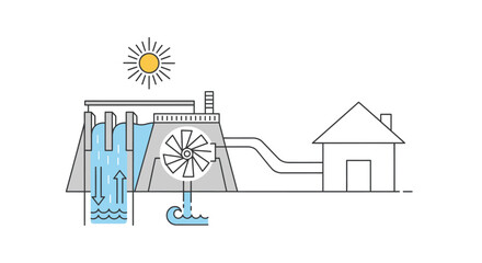 Fototapeta premium Hydroelectric Power Plant Diagram: Renewable Energy Generation from Water and Sun