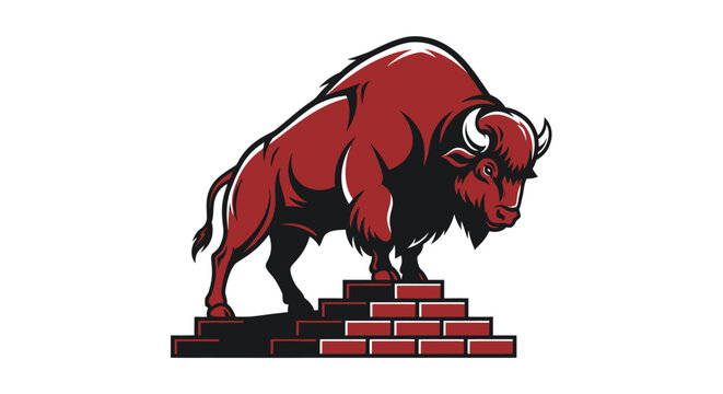 Powerful bison standing proudly on a brick foundation, symbolizing strength and resilience in a bold graphic illustration