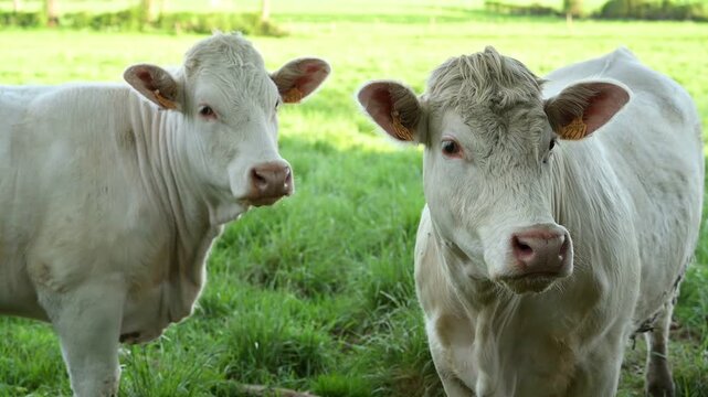 Portrait de deux vaches charolaises statiques, qui regarde fixement de face, dans un pr&eacute; au printemps